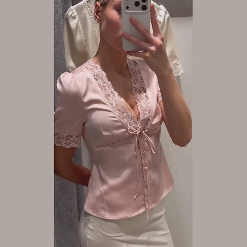 Chic Lace Women 's Shirts Elegant V-neck Tie Up Single Breasted Tops Female 2025 Summer Autumn Fashion Lady High Street Blouse