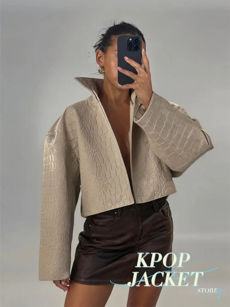 Women Cropped PU Leather Jacket Stand Collar Wide Flare Sleeve Asymmetrical Wrap Open Front Coat 2026 Autumn Chic Loose Jackets