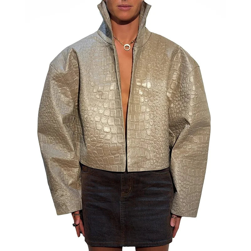 Women Cropped PU Leather Jacket Stand Collar Wide Flare Sleeve Asymmetrical Wrap Open Front Coat 2026 Autumn Chic Loose Jackets
