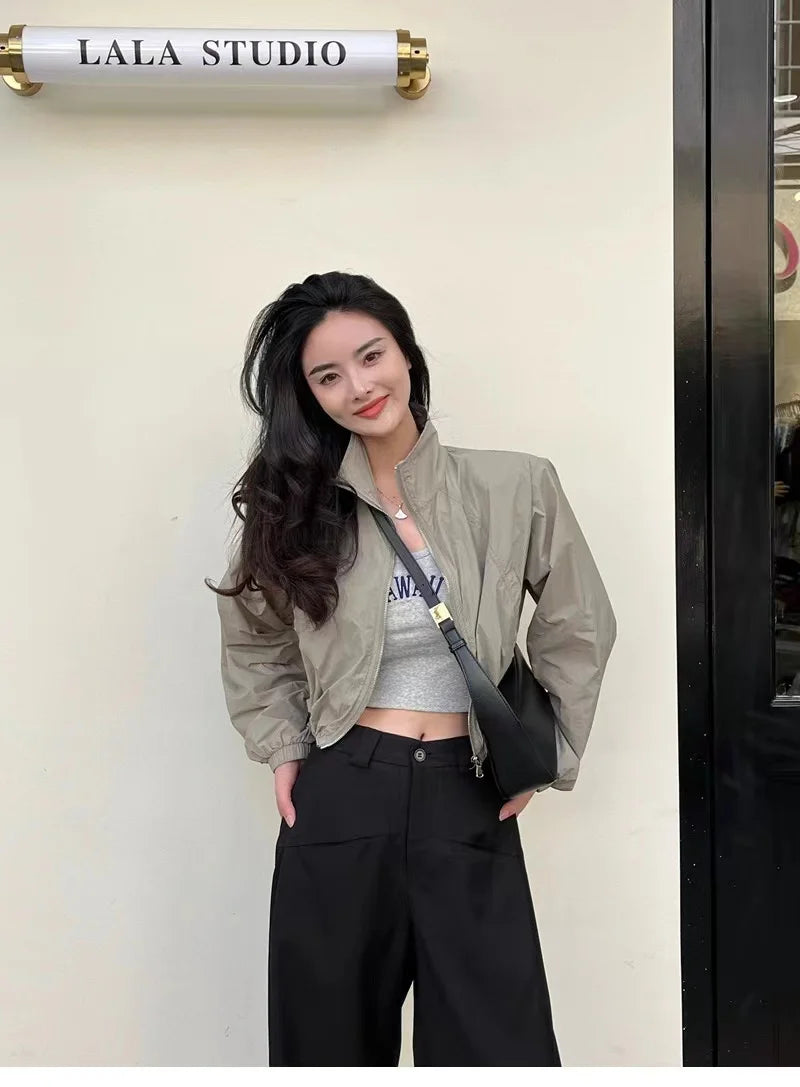 2024 Autumn Vintage Women's Windbreaker Cropped Jackets Harajuku Oversized Streetwear Long Sleeve Fashion Female Elegant Top