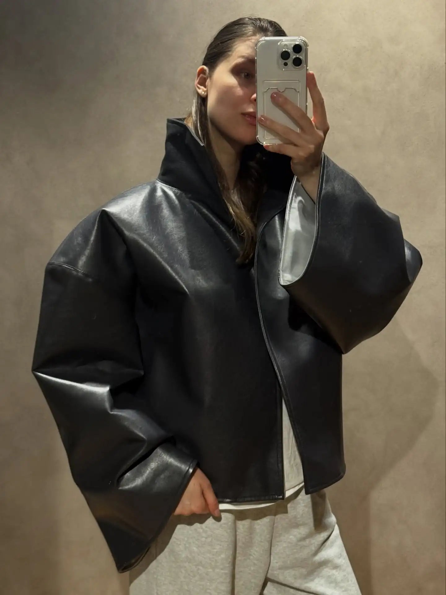 Women Cropped PU Leather Jacket Stand Collar Wide Flare Sleeve Asymmetrical Wrap Open Front Coat 2026 Autumn Chic Loose Jackets