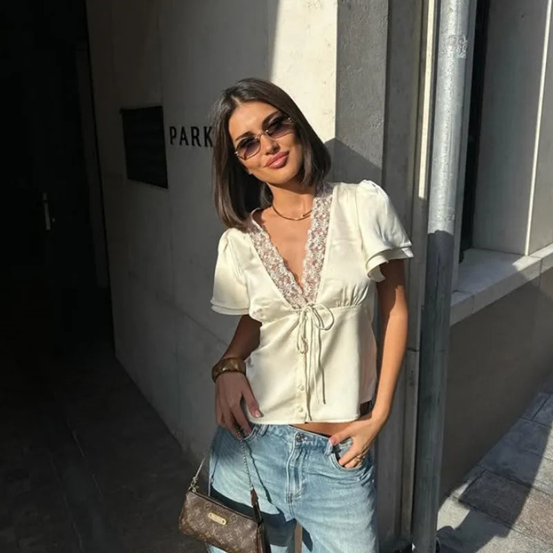 Chic Lace Women 's Shirts Elegant V-neck Tie Up Single Breasted Tops Female 2025 Summer Autumn Fashion Lady High Street Blouse