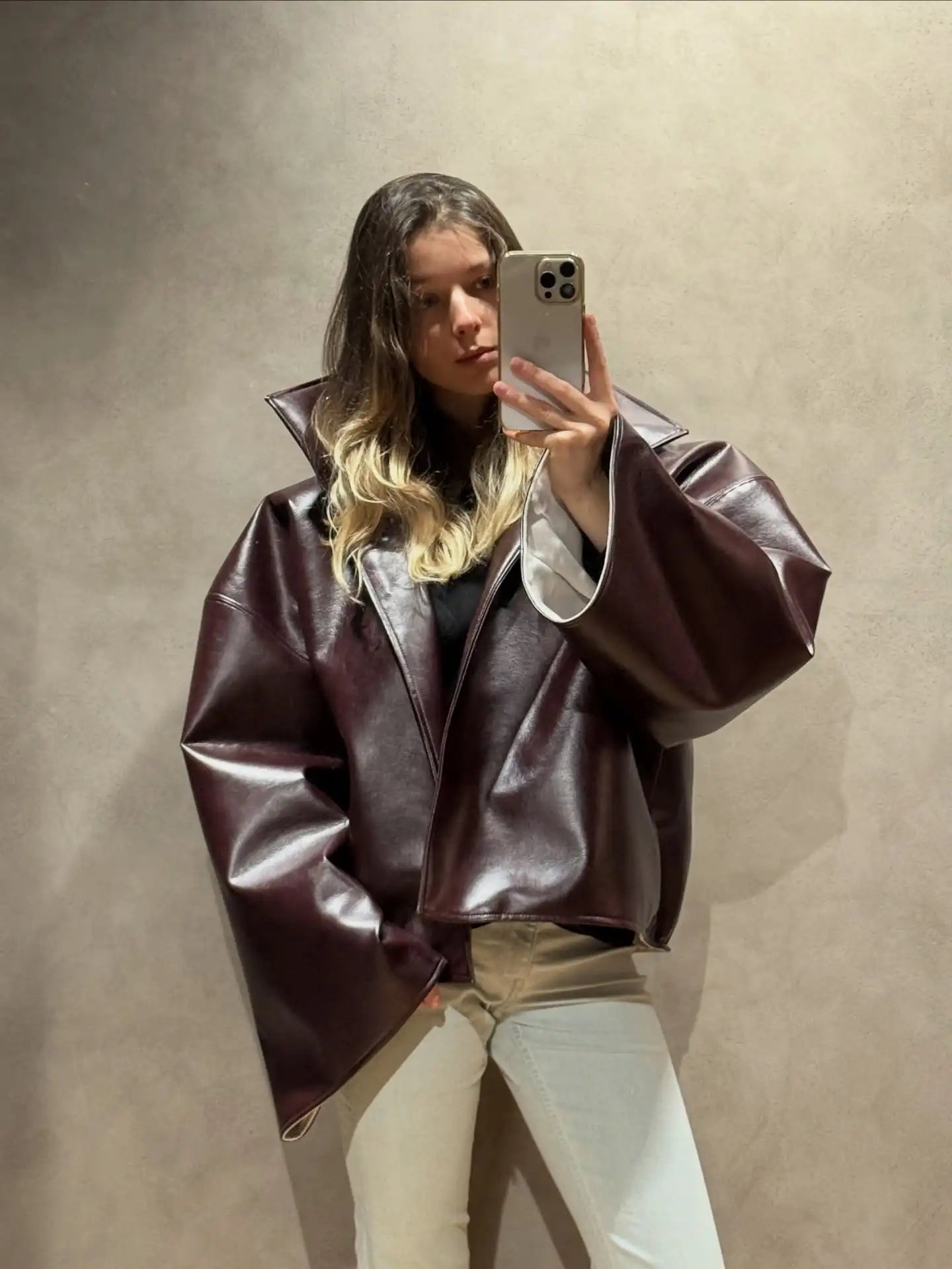Women Cropped PU Leather Jacket Stand Collar Wide Flare Sleeve Asymmetrical Wrap Open Front Coat 2026 Autumn Chic Loose Jackets
