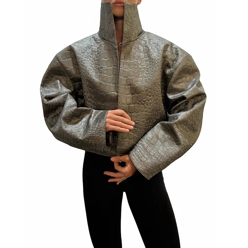 Women Cropped PU Leather Jacket Stand Collar Wide Flare Sleeve Asymmetrical Wrap Open Front Coat 2026 Autumn Chic Loose Jackets