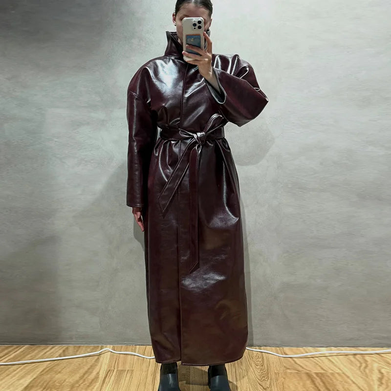 Women Cropped PU Leather Jacket Stand Collar Wide Flare Sleeve Asymmetrical Wrap Open Front Coat 2026 Autumn Chic Loose Jackets