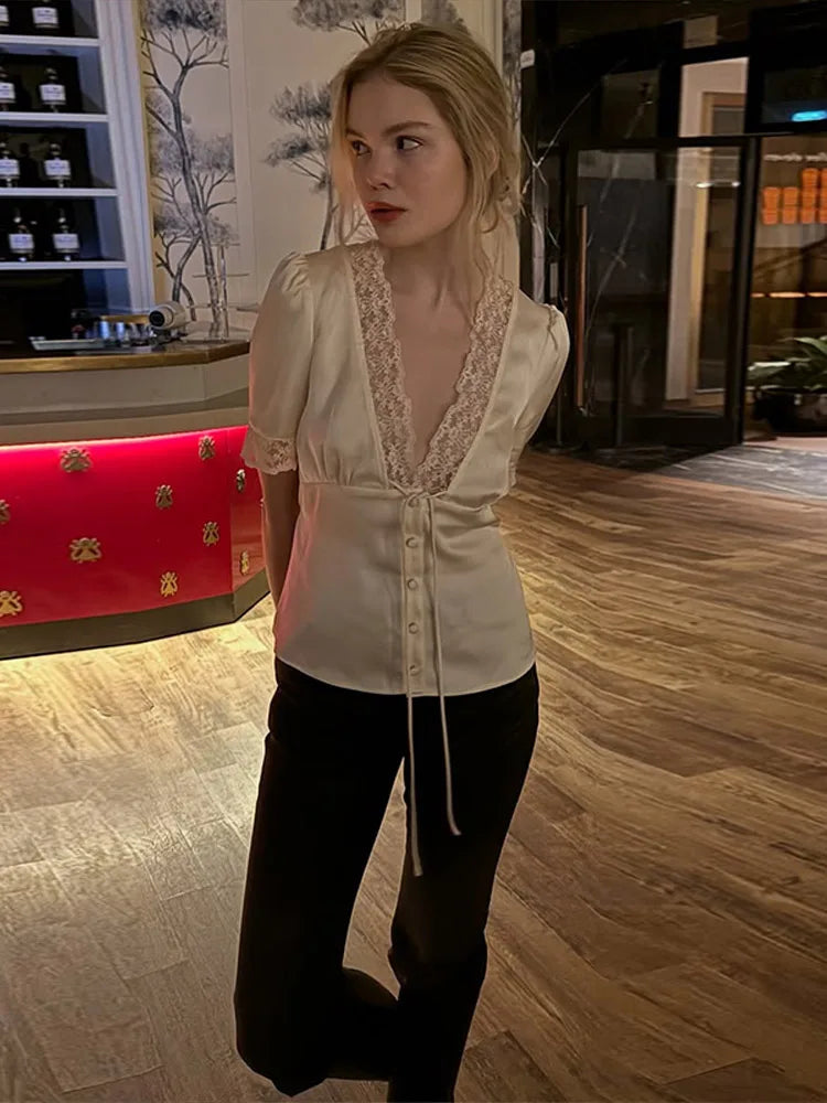 Chic Lace Women 's Shirts Elegant V-neck Tie Up Single Breasted Tops Female 2025 Summer Autumn Fashion Lady High Street Blouse