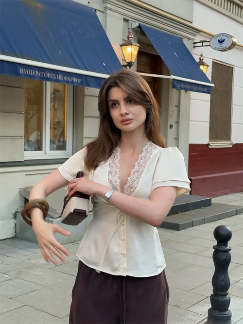 Chic Lace Women 's Shirts Elegant V-neck Tie Up Single Breasted Tops Female 2025 Summer Autumn Fashion Lady High Street Blouse