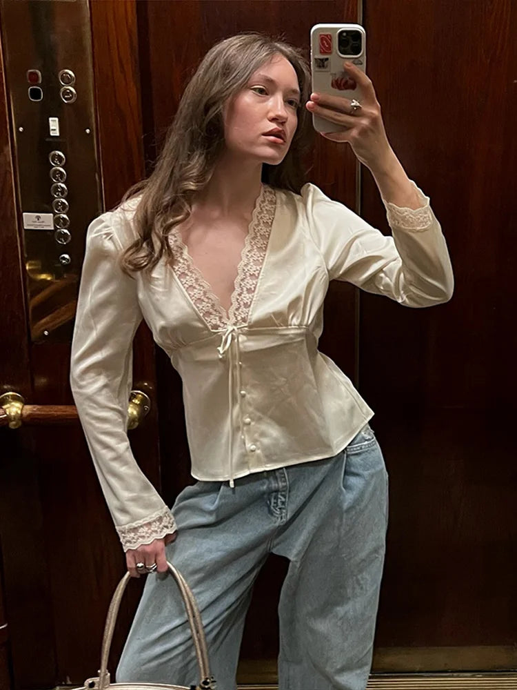 Chic Lace Women 's Shirts Elegant V-neck Tie Up Single Breasted Tops Female 2025 Summer Autumn Fashion Lady High Street Blouse