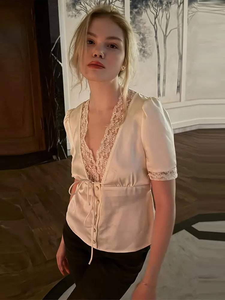 Chic Lace Women 's Shirts Elegant V-neck Tie Up Single Breasted Tops Female 2025 Summer Autumn Fashion Lady High Street Blouse