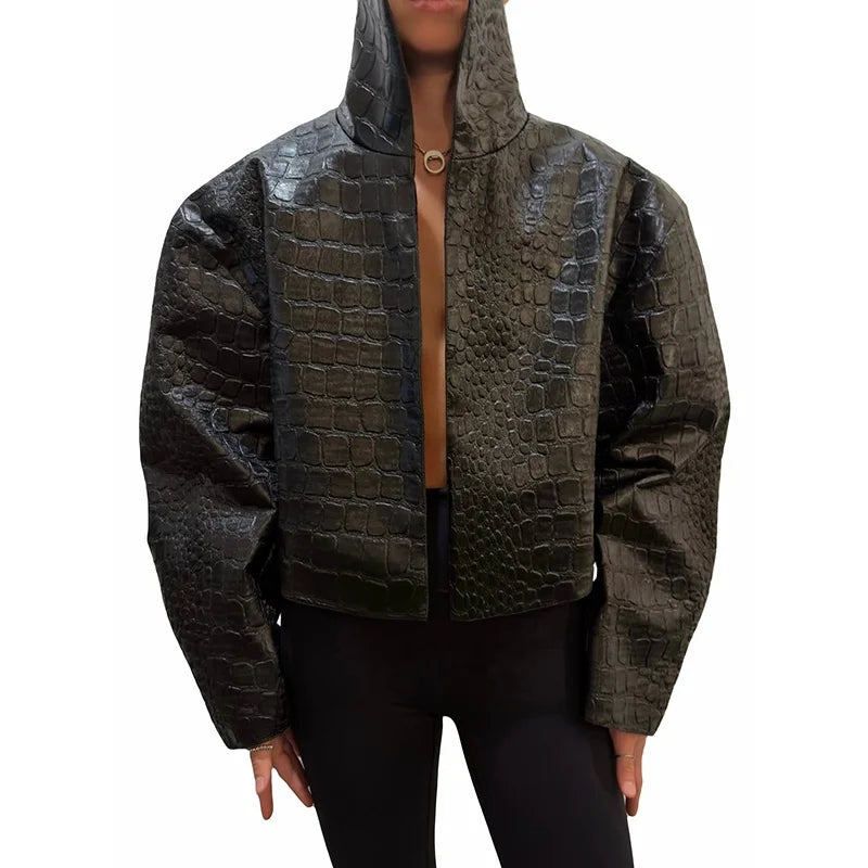 Women Cropped PU Leather Jacket Stand Collar Wide Flare Sleeve Asymmetrical Wrap Open Front Coat 2026 Autumn Chic Loose Jackets