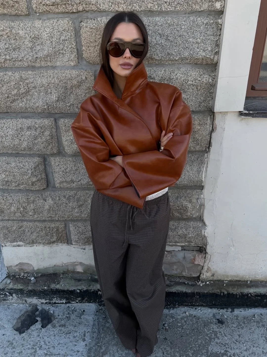 Women Cropped PU Leather Jacket Stand Collar Wide Flare Sleeve Asymmetrical Wrap Open Front Coat 2026 Autumn Chic Loose Jackets