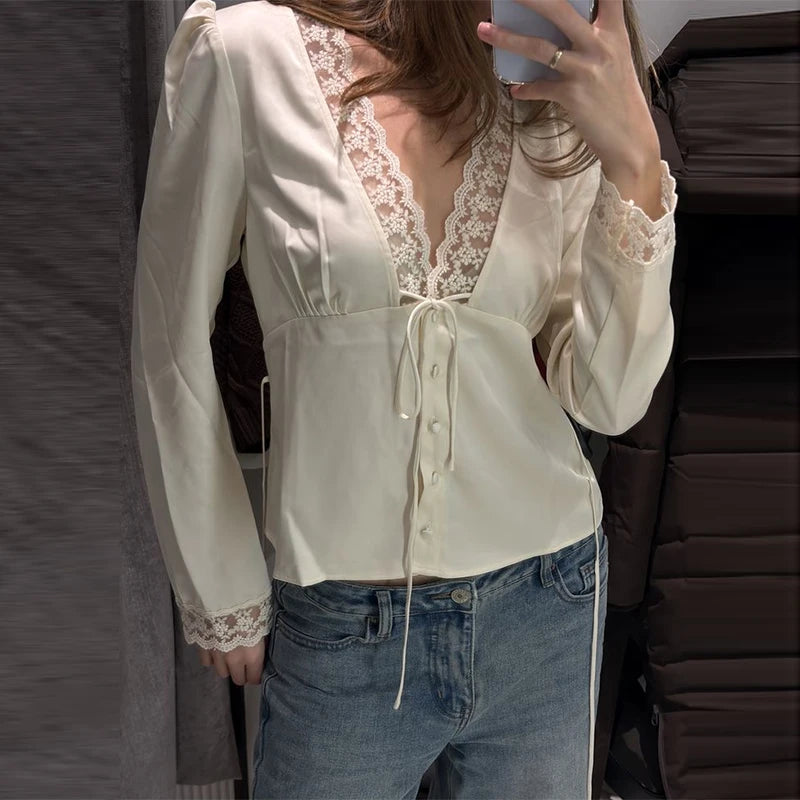 Chic Lace Women 's Shirts Elegant V-neck Tie Up Single Breasted Tops Female 2025 Summer Autumn Fashion Lady High Street Blouse