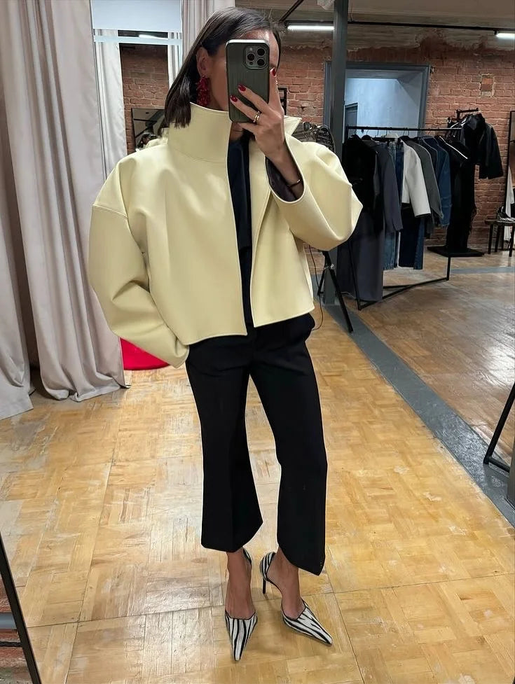 Women Cropped PU Leather Jacket Stand Collar Wide Flare Sleeve Asymmetrical Wrap Open Front Coat 2026 Autumn Chic Loose Jackets
