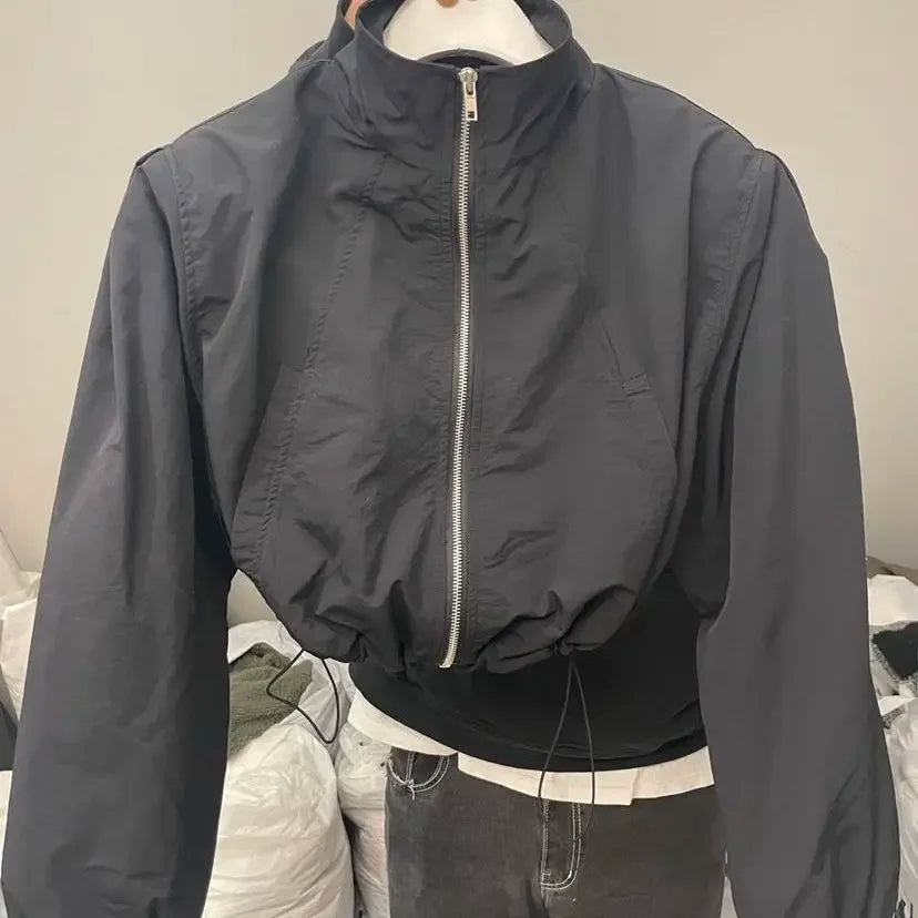 2024 Autumn Vintage Women's Windbreaker Cropped Jackets Harajuku Oversized Streetwear Long Sleeve Fashion Female Elegant Top